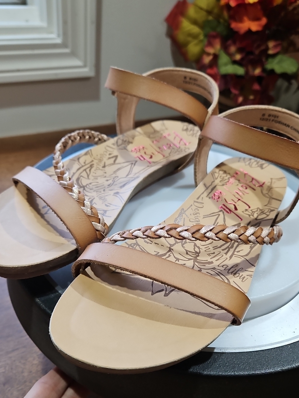 Girls' Tan Braided Ankle-Strap Sandals - Picture 7 of 13